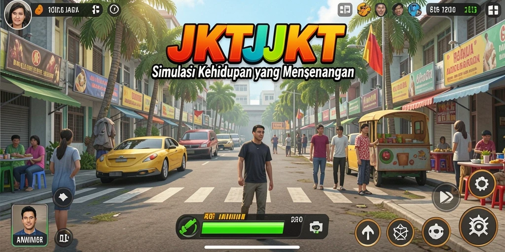 Screenshot gameplay yang menggambarkan kehidupan sehari-hari dalam JKTJKT.