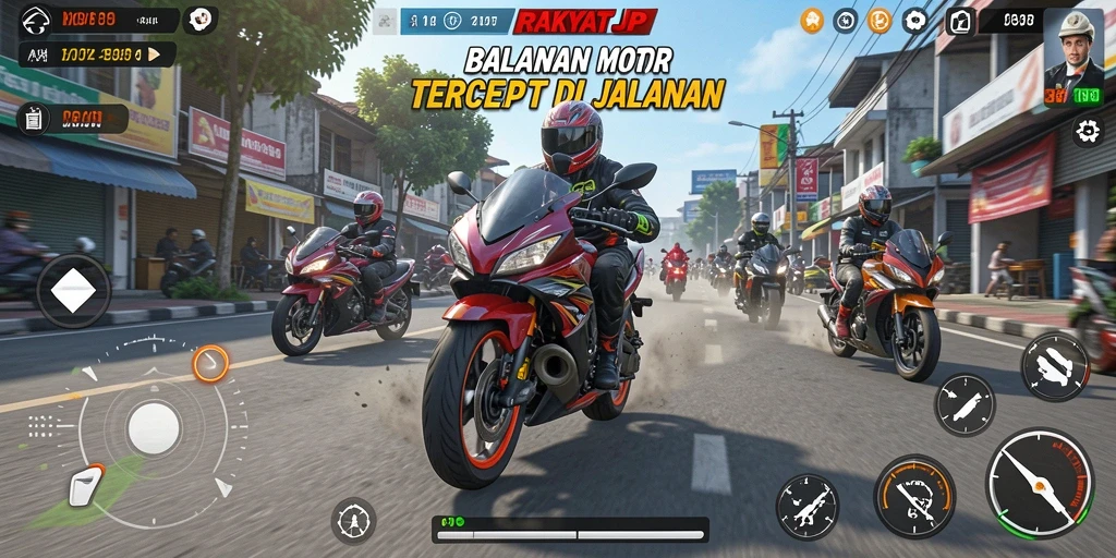 Screenshot gameplay RAKYATJP menampilkan aksi balapan motor yang seru.