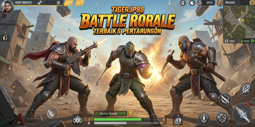 Tangkapan layar utama TIGERJP88 menunjukkan aksi seru dalam pertempuran Battle Royale.
