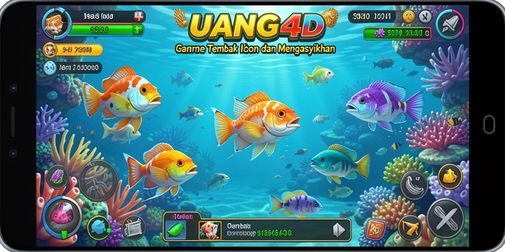 Tampilan gameplay UANG4D dengan aksi menembak ikan yang seru.